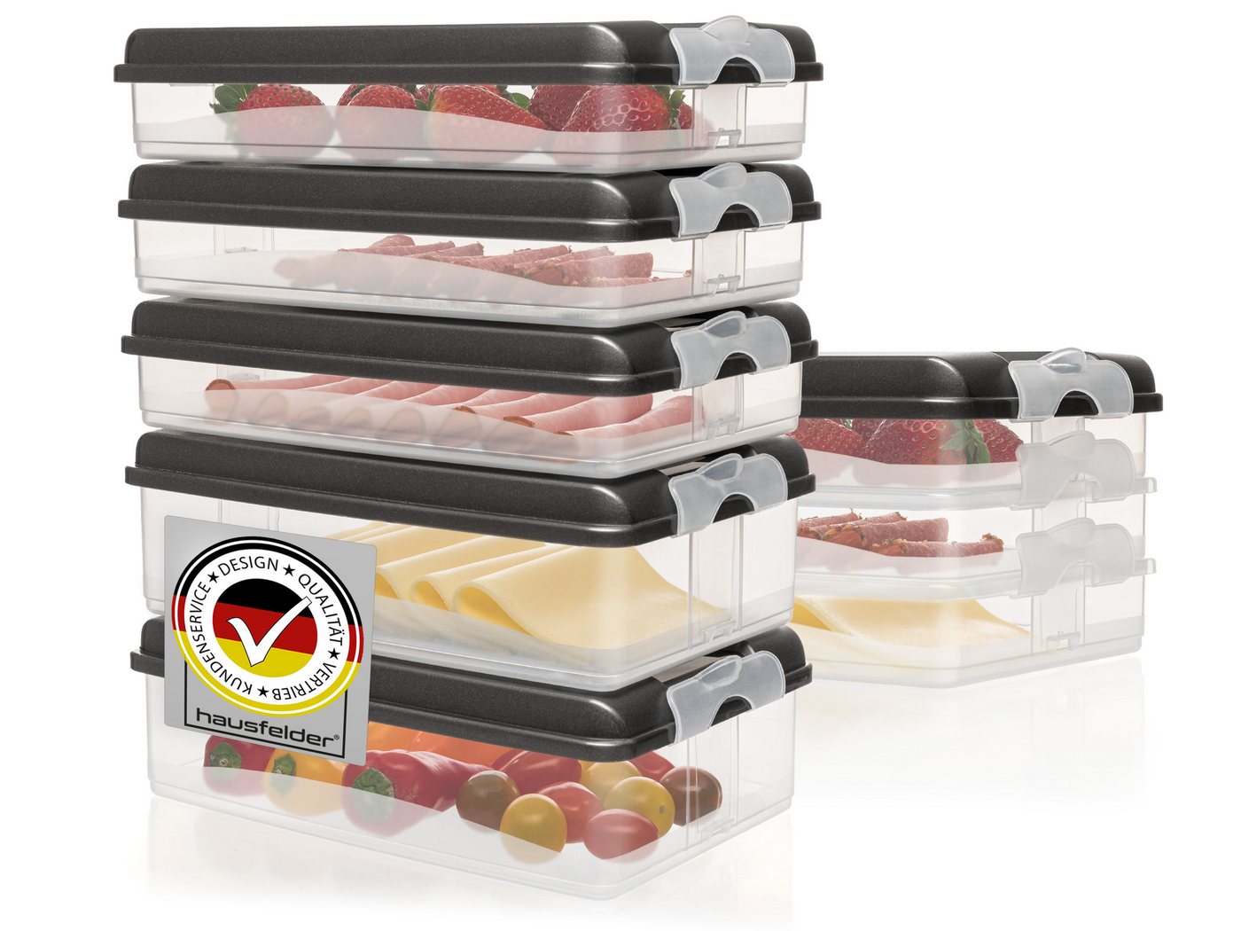 Hausfelder Frischhaltedose Aufschnittdosen Set mit Deckel, 6 x flach, 2 x hoch, Anthrazit, Kunststoff, (Set, 14-tlg., 6x flach, 2x hoch), Kühlschrank Organizer, BPA-frei, stapelbar von Hausfelder