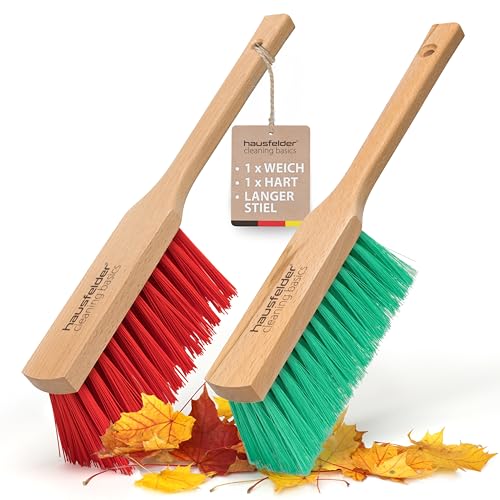 Hausfelder Handbesen, Handfeger 2er, Kehrbesen klein für draußen, Outdoor Besen, Langer Stiel aus Holz (Borsten hart und mittelhart) von Hausfelder