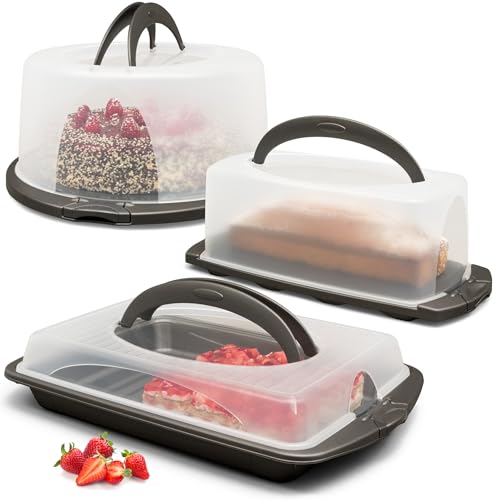 Hausfelder Kuchen Transportbox Set, 3er Set Kuchenbehälter und Transportboxen (Vorteilspack - 1 rund, 1 eckig für Blechkuchen, 1 rechteckig für Kastenkuchen) von Hausfelder