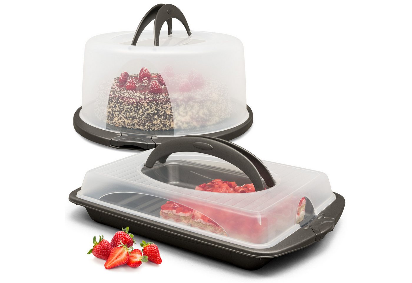 Hausfelder Kuchentransportbox Tortentransportboxen 2er Set, rund/rechteckig groß, Kunststoff, (Set, 2-tlg., 2 verschiedene Boxen), Transportboxen mit Deckel von Hausfelder