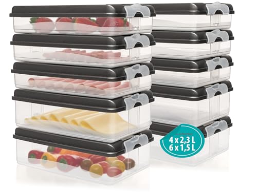 Hausfelder Kühlschrank Organizer mit Deckel, Vorteilspack, Frischhaltebox für Lebensmittel stapelbar, Aufschnittdosen flach für Wurst und Käse (20-teiliges Set, 6x flach und 4x hoch, Deckel Anthrazit) von Hausfelder