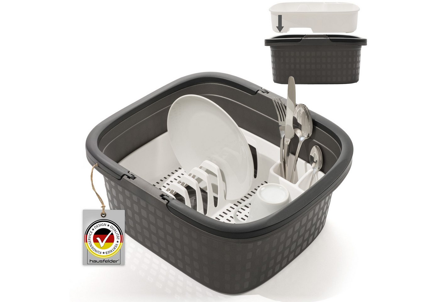 Hausfelder Kunststoffspüle Camping Spülset, 2teilig, Spülwanne Anthrazit + Abtropfgitter weiß, rechteckig, (2er Set, 2 St., WAnne + Abtropfgestell), ideal für unterwegs, robuste Wanne mit henkeln, Abtropfgestell von Hausfelder