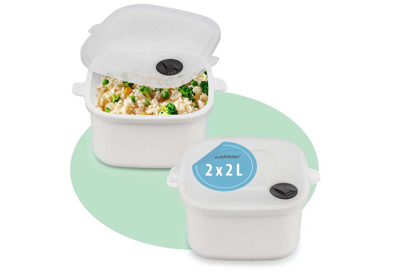 Hausfelder Mikrowellenbehälter Mikrowellentopf 2er Set, 2 x 2 Liter, Mikrowellengeschirrr mit Deckell, Mikrowellentopf 2 x 2 L, (2er Set, Set), BPA-freier Kunststoff, mit Dampfventil von Hausfelder