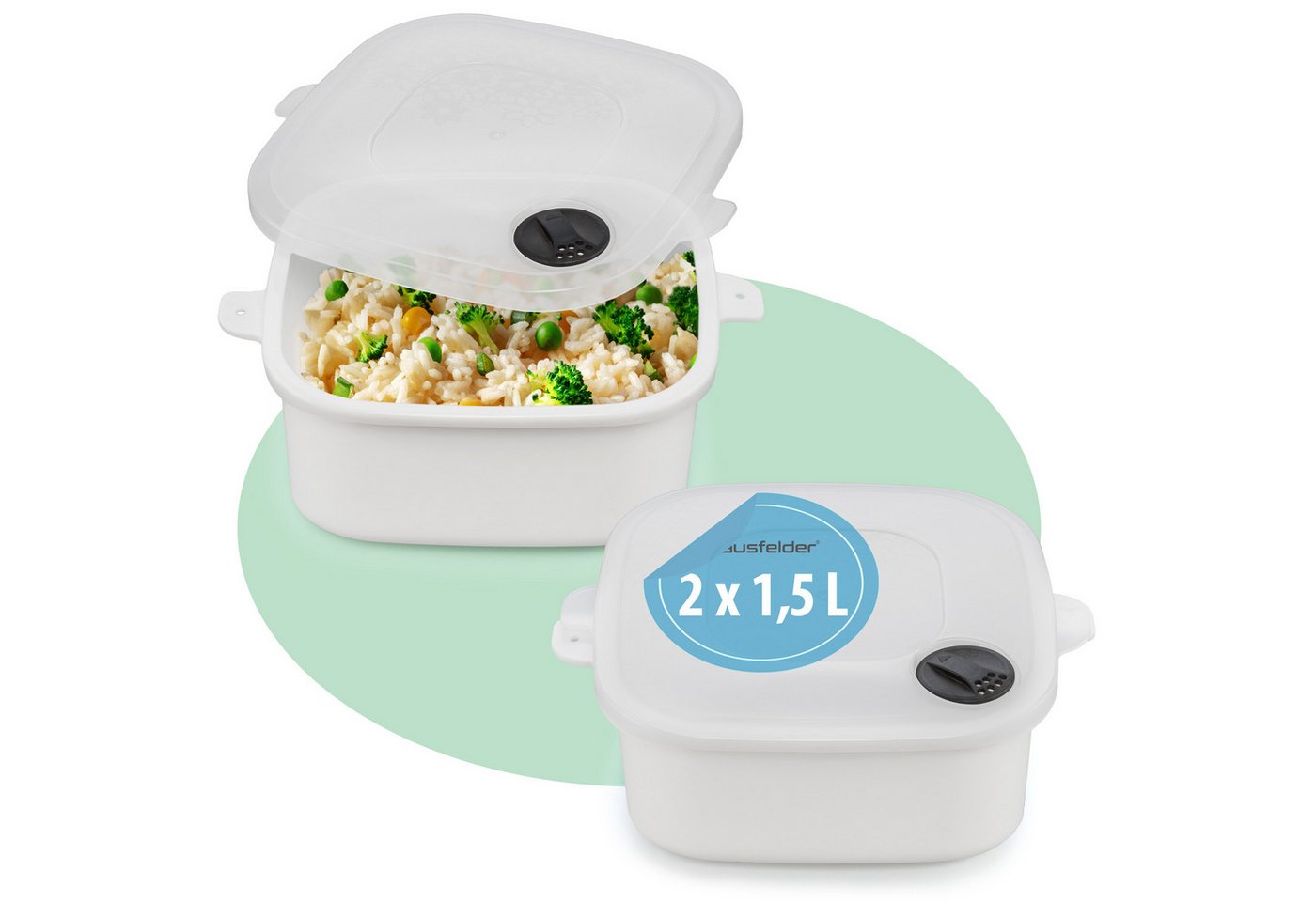 Hausfelder Mikrowellenbehälter Mikrowellentopf 2er Set, 2x 1,5 Liter, Mikrowellengeschirr mit Deckel, Mikrowellentopf 2 x 1,5 L, (2er Set, Set), BPa-freier Kunststoff, mit Dampfventil von Hausfelder