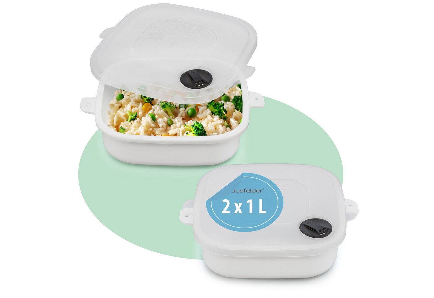 Hausfelder Mikrowellenbehälter Mikrowellentopf 2er Set, 2x 1 Liter, Mikrowellengeschirr mit Deckel, Mikrowellentopf 2 x 1 L, (2er Set, Set), BPA-freier Kunststoff, Dampfventil im Deckel von Hausfelder