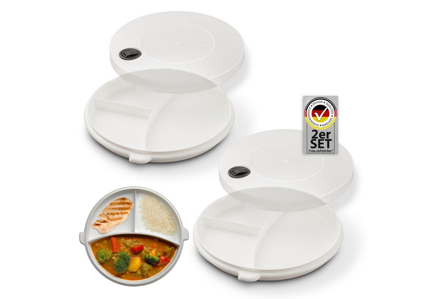 Hausfelder Mikrowellenteller Mikrowellenteller mit Deckel (2er Set), für Temperaturen von - 20°C bis + 100°C geeignet, mit Dampfventil von Hausfelder