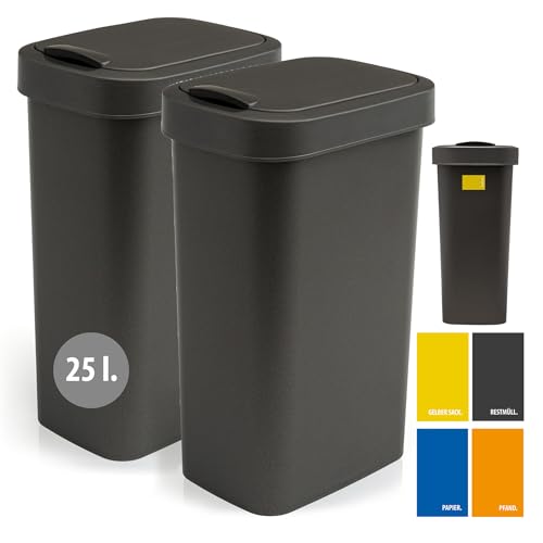 Hausfelder Mülleimer 25l mit Deckel in schwarz, 2er Set, Schwingdeckel Abfalleimer Küche mit 25 Liter (2x25l) von Hausfelder