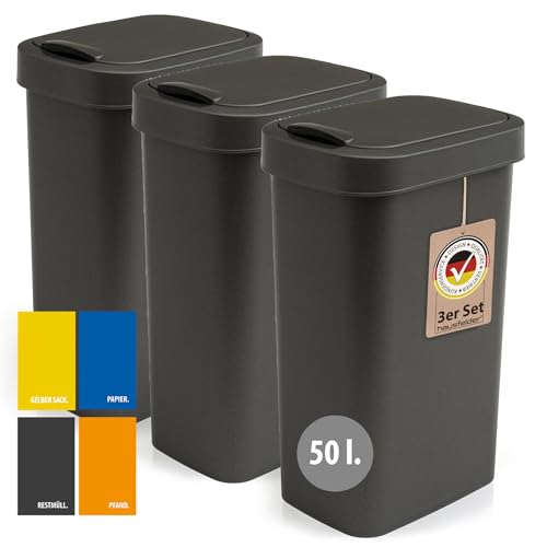 Hausfelder Mülleimer 50l groß mit Deckel, 3 Stück, 3er Set Schwingdeckel Abfalleimer Küche mit 50 Liter (3x50l) von Hausfelder