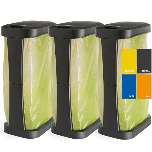 Hausfelder Müllsackständer mit Deckel, Gelber Sack Ständer mit Klappschwingdeckel, 3 x Müllsackhalter für Müllbeutel von 60l bis 120l, 76 x 46 x 30 cm, schwarz von Hausfelder