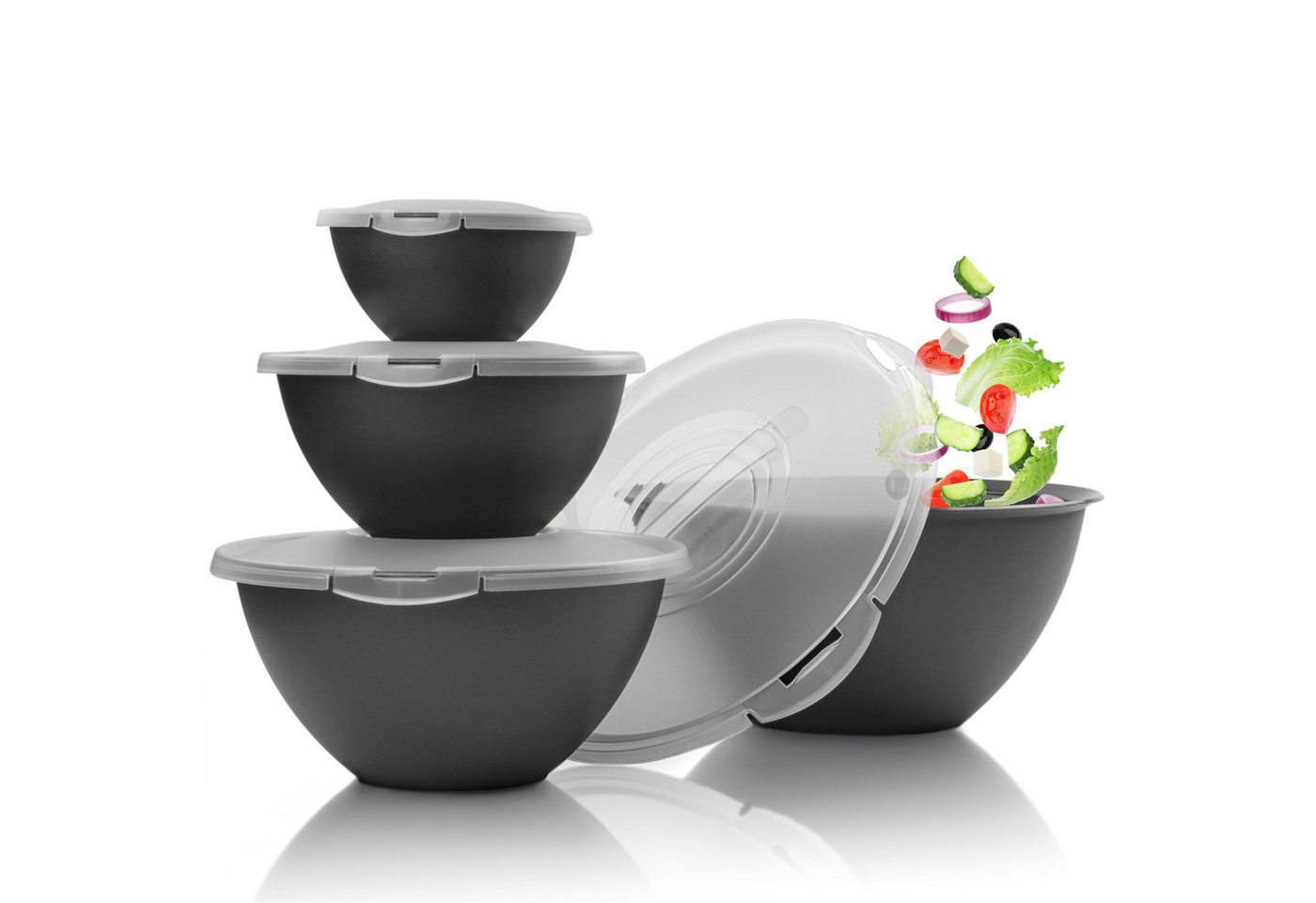 Hausfelder Salatschüssel Schüssel Set groß mit Deckel, 0,7-6 L Anthrazit Schwarz), Kunststoff, (8-tlg), spülmaschinengeeignet, stapelbar, bruchfest, BPA-frei von Hausfelder