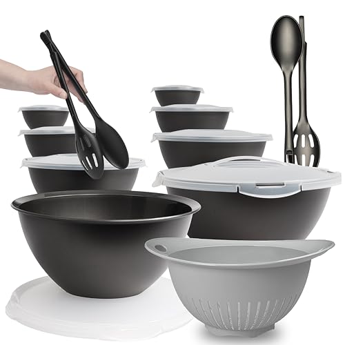 Hausfelder Salatschüssel Set groß, 21-teiliges Schüssel und Deckel Set aus Kunststoff BPA-frei (Vorteilspack 21-teilig, Anthrazit Schwarz) von Hausfelder