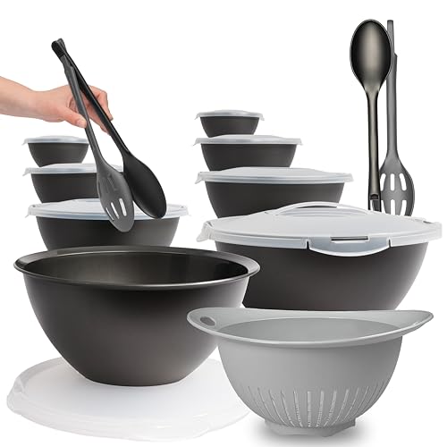 Hausfelder Salatschüssel Set groß, 21teilig, 2x Salatschüssel Set 8-teilig inkl. Deckel, 2x Salatbesteck Schwarz Anthrazit, 1x Salatsieb grau aus Kunststoff BPA-frei von Hausfelder