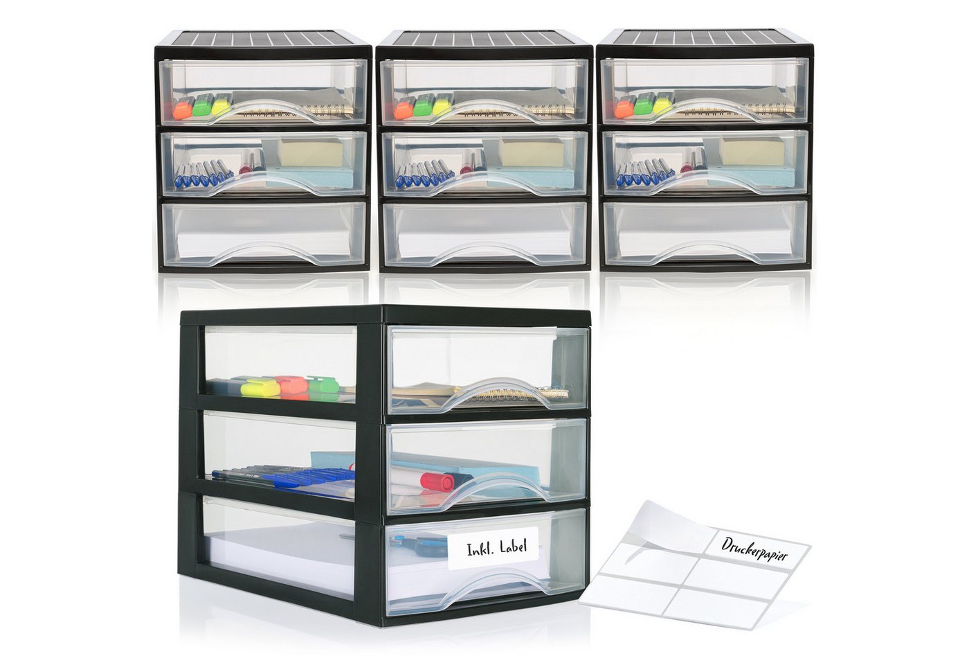 Hausfelder Schubladenbox Schubladenschrank A4 mit 3 Schubladen, 4 Stück inkl. Aufkleber, (4-St., A4 mit 3 Schubladen + Aufkleber, Kunststoff) von Hausfelder