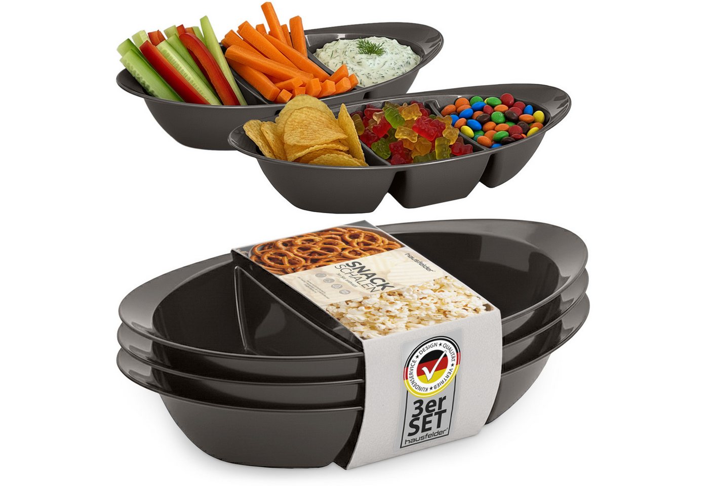 Hausfelder Servierplatte Snackbox 3er Set, Snackschale für Süßigkeiten, Chips, Snackteller, Kunststoff, (3er Set, 3-tlg., Set), mikrowellengeeignet, spülmaschinengeeignet von Hausfelder