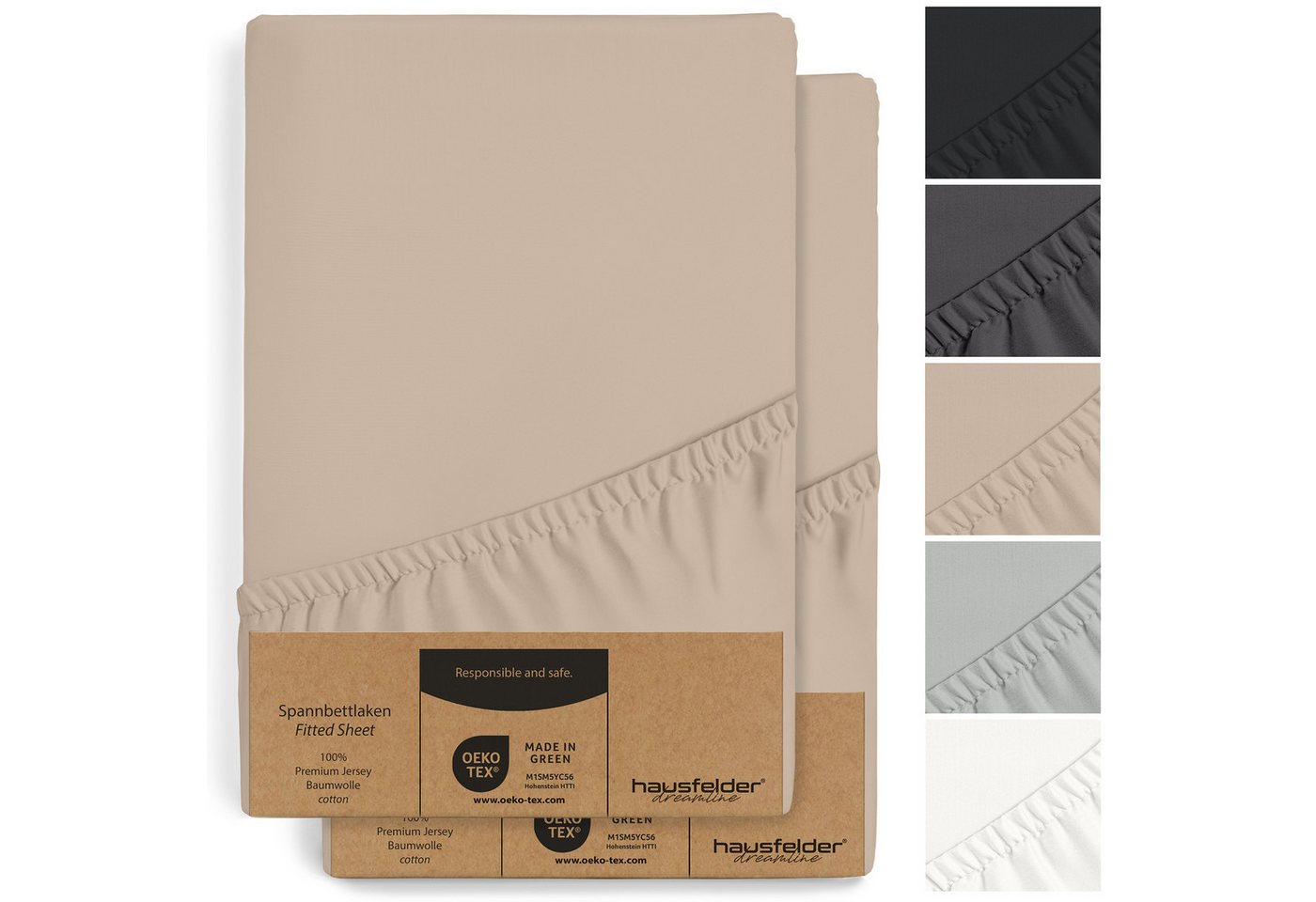 Hausfelder Spannbettlaken 2er Set Bettlaken Topper, 180/200x200 cm, Beige, Jersey-Baumwolle, Gummizug: rundum, (2 Stück), bis 15cm Steghöhe, verschiedene Farben und Größen von Hausfelder