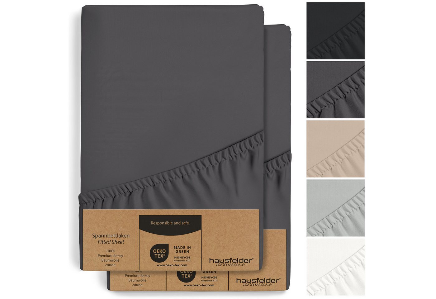 Hausfelder Spannbettlaken 2er Set Bettlaken Boxspring 90/100x200 cm, Anthrazit, Jersey-Baumwolle, Gummizug: rundum, (2 Stück), bis 40cm Steghöhe, verschiedene Farben und Größen von Hausfelder
