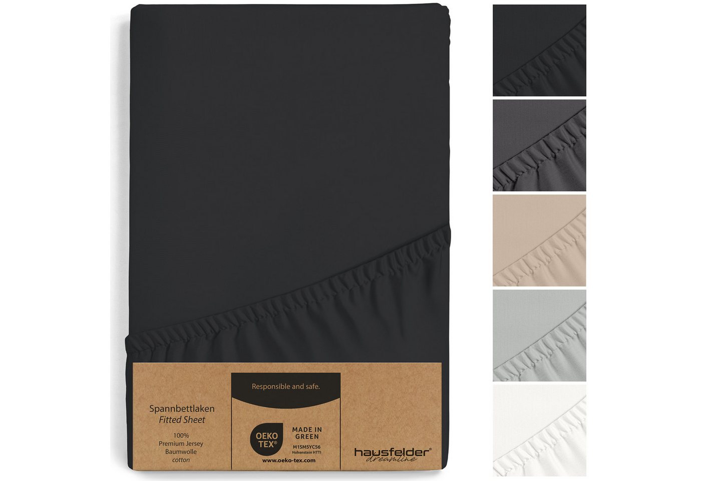 Hausfelder Spannbettlaken Topper Bettlaken 90/100x200 cm, bis 15 cm Matratzenhöhe, Schwarz, Jersey-Baumwolle, Gummizug: rundum, (1 Stück), verschiedene Farben und Größen von Hausfelder