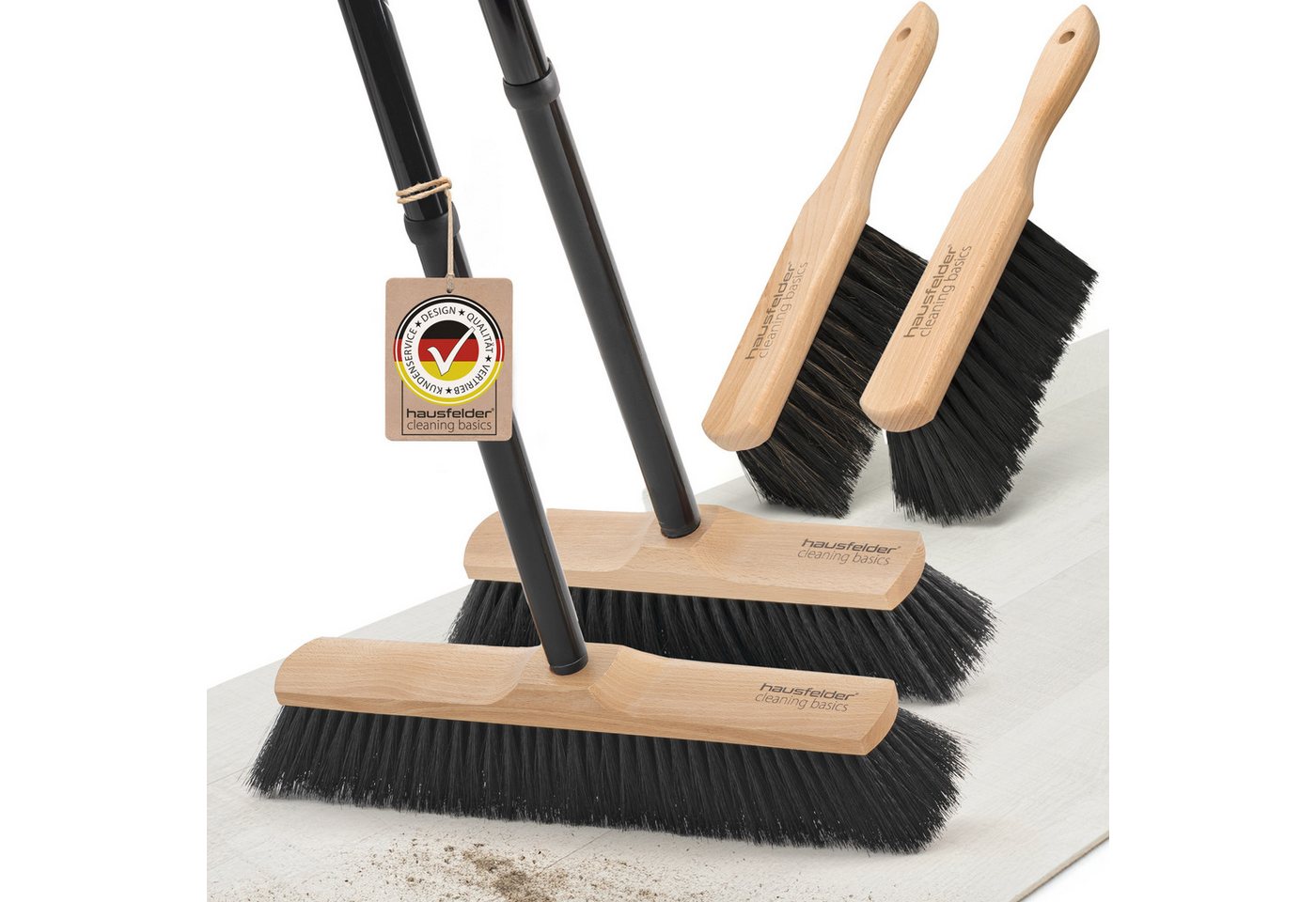 Hausfelder Staubbesen Besen Set: Zimmerbesen 30cm + Zimmerbesen 40 cm + 2 Handfeger), Besen 30 cm, 4teilig mit Drehgewinde von Hausfelder