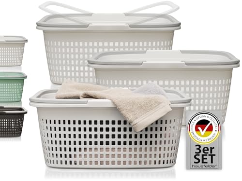 Hausfelder Wäschekorb 58x37x25cm, Korb 3er Set weiß, Wäschewanne aus Kunststoff mit Henkel 35 l, stabil (Weiss, 3 Körbe) von Hausfelder