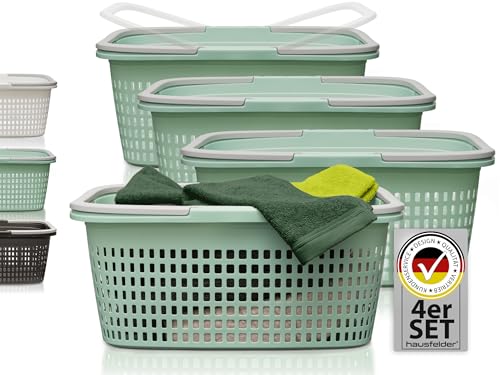 Hausfelder Wäschekorb 58x37x25cm – Wäschekörbe 4er Set - Stabil & Wetterfest - Wäschewannen mit Henkeln & Griffen 35 l (Jadegrün, 4 Körbe) von Hausfelder