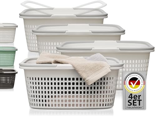 Hausfelder Wäschekorb 4er Set 58x37x25cm, Korb mit Henkel 4 Stück weiß, Wäschekörbe 35 l aus Kunststoff mit Griffen (Weiss, 4 Körbe) von Hausfelder