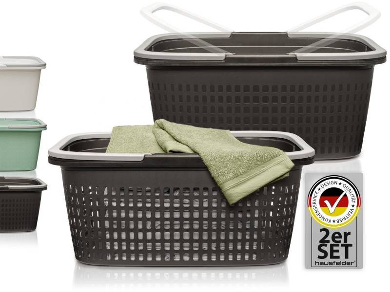 Hausfelder Wäschekorb Wäschewanne 58x37x25cm (Anthrazit-Schwarz, 1 Korb + 1 Wanne, 35 l) (Set, 2 St., Wäschekorb + Wäschewanne), mit klappbaren Henkeln, mit Griffen, 35 Liter von Hausfelder