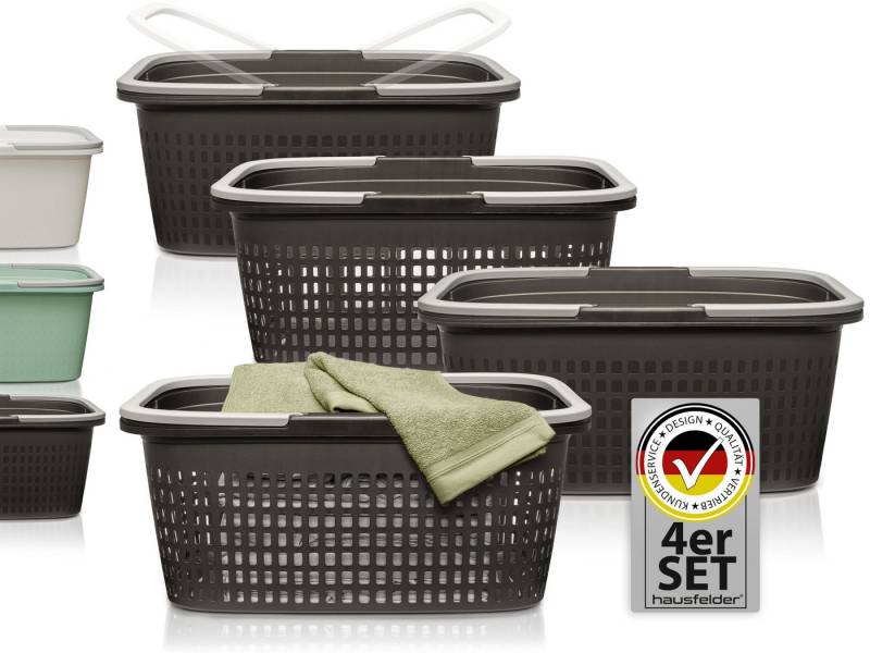 Hausfelder Wäschekorb Wäschewanne 58x37x25cm (Anthrazit-Schwarz, 2 Körbe + 2 Wannen 35 l) (Set, 4 St., 2 x Wäschekorb + 2 x Wäschewanne), mit klappbaren Henkeln, mit Griffen, 35 Liter von Hausfelder