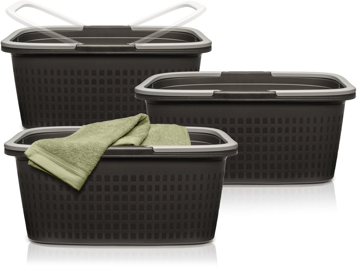 Hausfelder Wäschekorb Wäschewanne 35 l (Anthrazit-Schwarz, 3 Wannen) (Set, 3 St., 3 x Wäschewanne), mit klappbaren Henkeln, mit Griffen, 35 Liter von Hausfelder