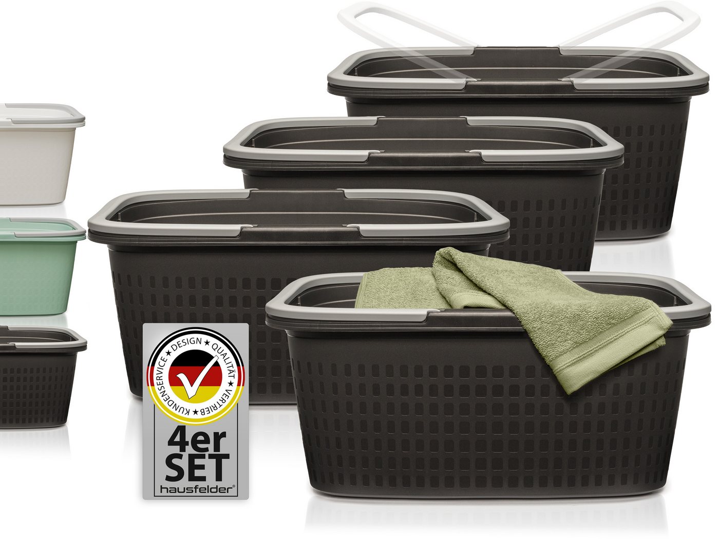 Hausfelder Wäschekorb Wäschewanne 58x37x25cm (Anthrazit-Schwarz, 4 Wannen, 35 l) (Set, 4 St., 4 x Wäschewanne), mit klappbaren Henkeln, mit Griffen, 35 Liter von Hausfelder