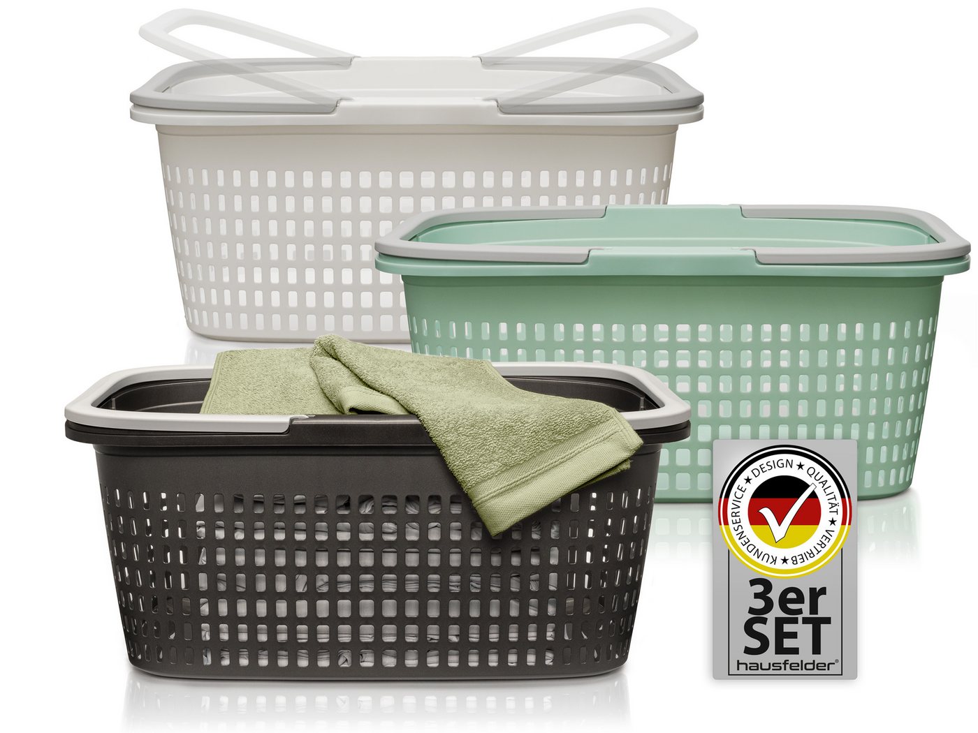 Hausfelder Wäschekorb Wäschewanne 58x37x25cm (Farbmix, 3 Körbe, 35 l) (Set, 3 St., 3 x Wäschekörbe), mit klappbaren Henkeln, mit Griffen, 35 Liter von Hausfelder