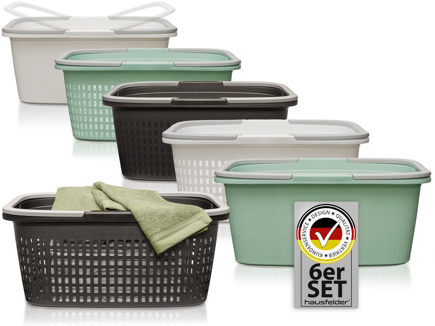 Hausfelder Wäschekorb Wäschewanne 58x37x25cm (Farbmix, 3 Körbe + 3 Wannen, 35 l) (Set, 6 St., 3 x Wäschekorb + 3 x Wäschewanne), mit klappbaren Henkeln, mit Griffen, 35 Liter von Hausfelder