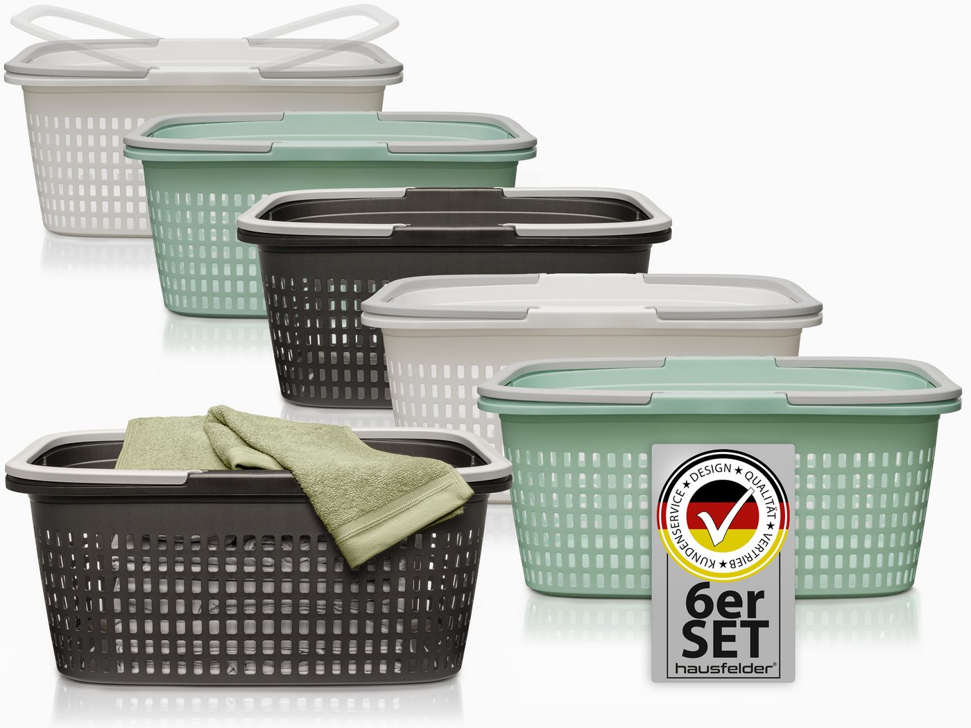 Hausfelder Wäschekorb Wäschewanne 58x37x25cm (Farbmix, 6 Körbe, 35 l) (Set, 6 St., 6 x Wäschekörbe), mit klappbaren Henkeln, mit Griffen, 35 Liter von Hausfelder