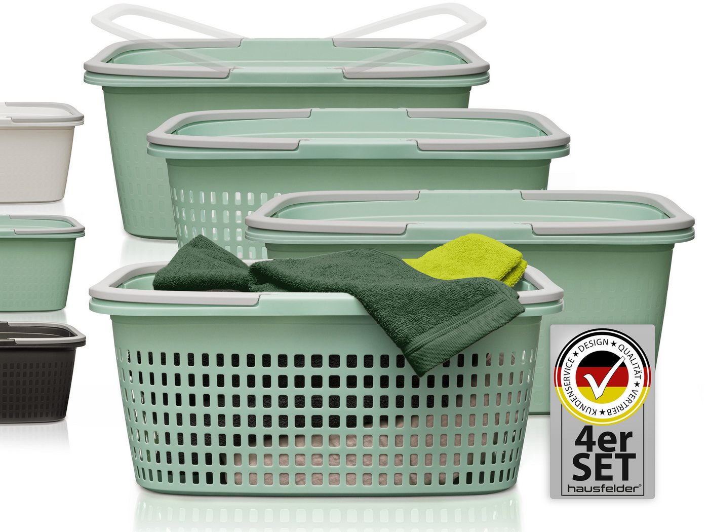 Hausfelder Wäschekorb Wäschewanne 58x37x25cm (Jadegrün, 2 Körbe + 2 Wannen, 35 l) (Set, 4 St., 2 x Wäschekorb + 2 x Wäschewanne), mit klappbaren Henkeln, mit Griffen, 35 Liter von Hausfelder