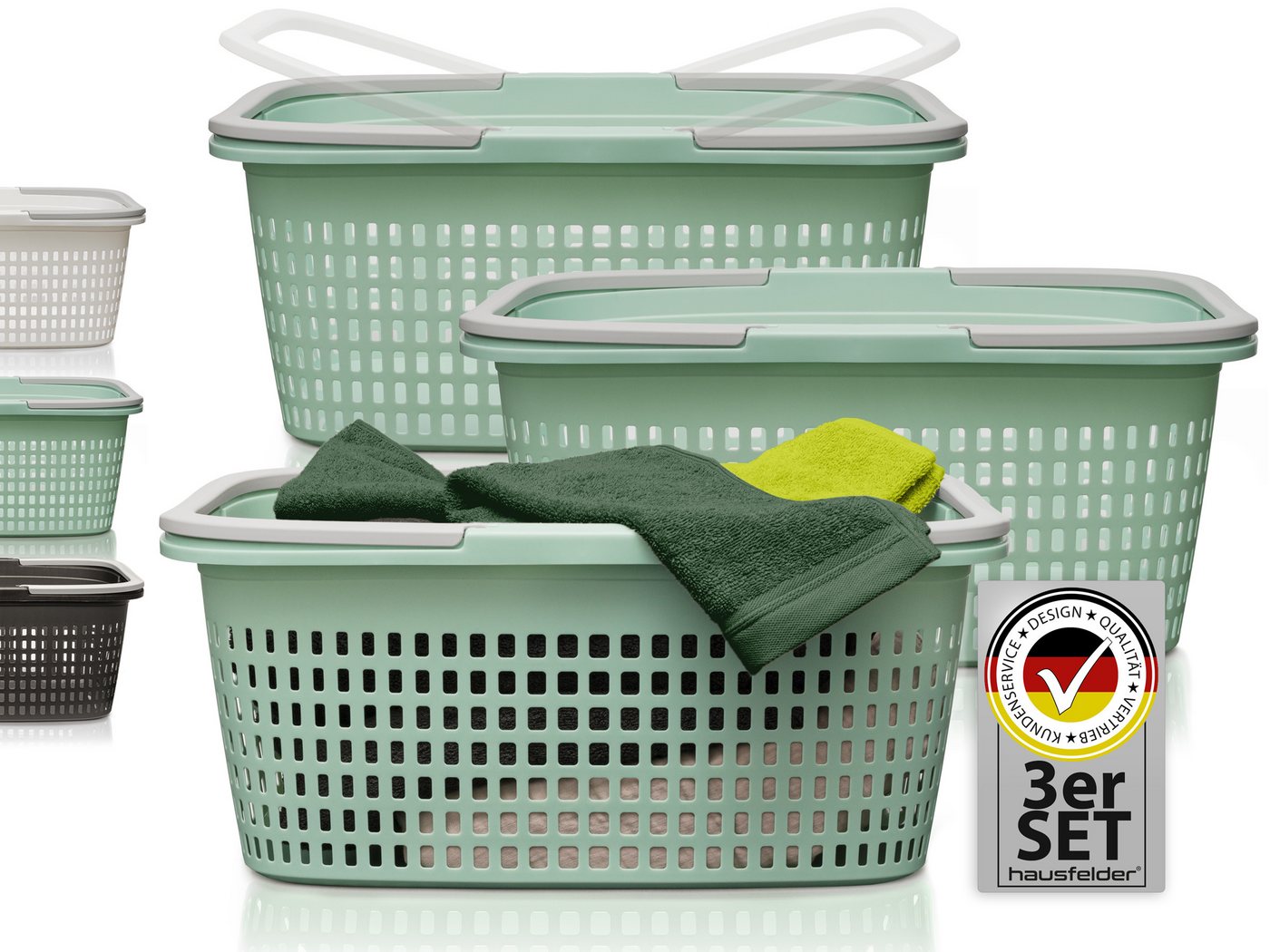 Hausfelder Wäschekorb Wäschewanne 58x37x25cm (Jadegrün, 3 Körbe, 35 l) (Set, 3 St., 3 x Wäschekörbe), mit klappbaren Henkeln, mit Griffen, 35 Liter von Hausfelder