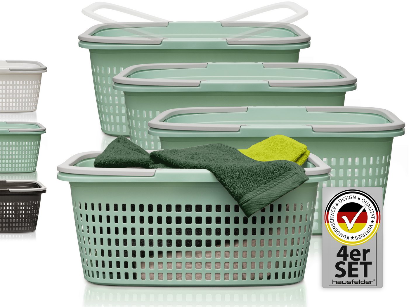 Hausfelder Wäschekorb Wäschewanne 58x37x25cm (Jadegrün, 4 Körbe, 35 l) (Set, 4 St., 4 x Wäschekörbe), mit klappbaren Henkeln, mit Griffen, 35 Liter von Hausfelder
