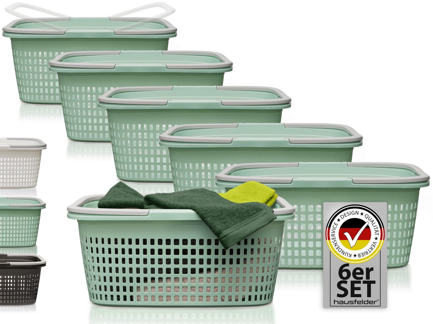 Hausfelder Wäschekorb Wäschewanne 58x37x25cm (Jadegrün, 6 Körbe, 35 l) (Set, 6 St., 6 x Wäschekörbe), mit klappbaren Henkeln, mit Griffen, 35 Liter von Hausfelder