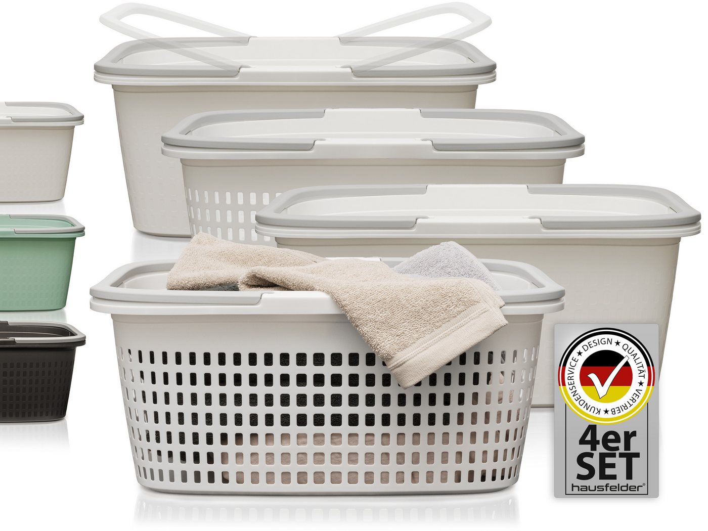 Hausfelder Wäschekorb Wäschewanne 58x37x25cm (Weiß, 2 Körbe + 2 Wannen, 35 l) (Set, 4 St., 1 x Wäschekorb + 1 x Wäschewanne), mit klappbaren Henkeln, mit Griffen, 35 Liter von Hausfelder