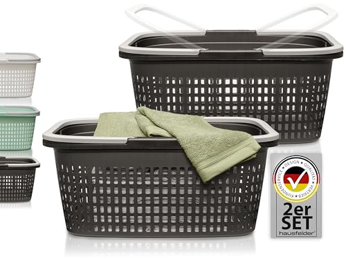 Hausfelder Wäschekorb mit Henkel 58x37x25cm, Wäschewanne groß mit Griff, 2 Wäschekörbe aus Kunststoff, 35 l (Anthrazit-Schwarz, 2 Körbe)  von Hausfelder