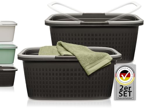Hausfelder Wäschewanne mit Henkel 58x37x25cm, Wäschekorb groß 2er Set, Wäschekörbe stabil mit Griff aus Kunststoff 35l (Anthrazit-Schwarz, 2 Wannen)  von Hausfelder