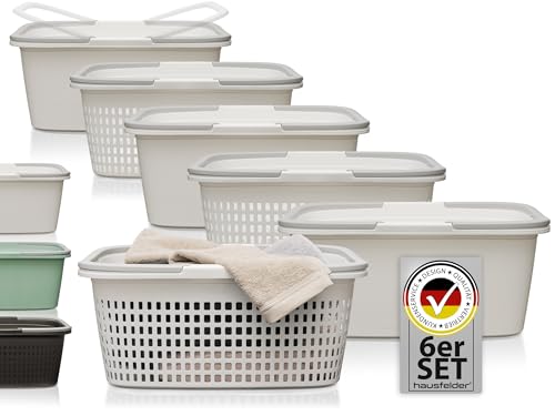 Hausfelder Wäschekorb und Wäschewanne 58x37x25cm, 3 x Wanne und 3 x Korb mit Henkel weiß 35 Liter, stabil (Weiss, 3 Körbe + 3 Wannen) von Hausfelder
