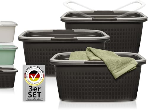 Hausfelder Wäschewanne 58x37x25cm, Wäschekorb 3er Set, stabile Wäschewannen mit Henkel (Anthrazit-Schwarz, 3 Wannen)  von Hausfelder