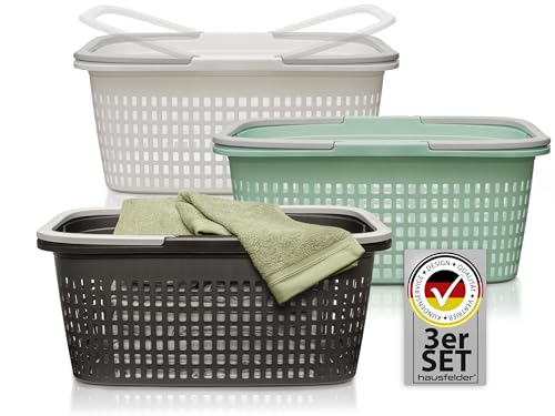 Hausfelder Wäschekorb 58x37x25cm – Wäschekörbe 3er Set - Stabil & Stapelbar - Wäschesammler mit Henkeln & Griffen 35 l (Farbmix, 3 Körbe) von Hausfelder