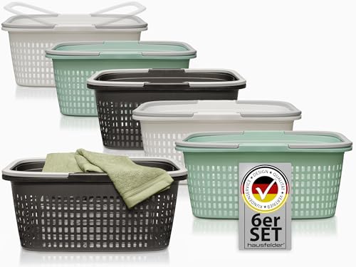 Hausfelder Wäschekorb Wanne 35l – Wäschekörbe 6er Set - Stabil & Wetterfest - Wäschewanne mit Henkeln & Griffen 35l (Farbmix, 6 Körbe) von Hausfelder