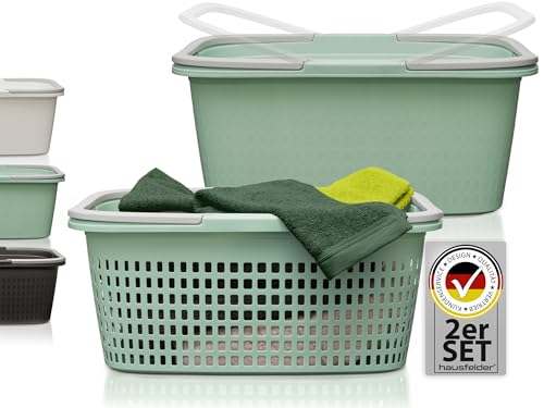 Hausfelder Wäschekorb 58x37x25cm, Wäschewanne mit Henkel, stabil & wetterfest, Wäschekörbe 35l aus Kunststoff (Jadegrün, 1 Korb + 1 Wanne) von Hausfelder