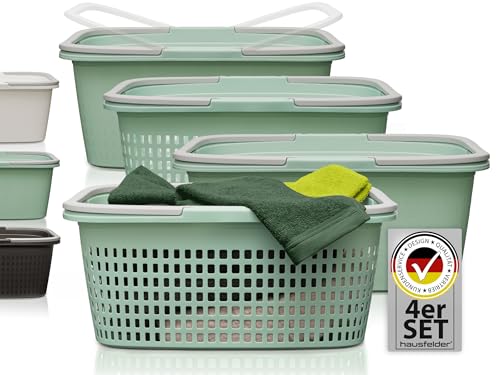 Hausfelder Wäschekorb Wäschewanne 58x37x25cm – Set mit 4 Wäschekörben Wäschewannen - Stabil & Wetterfest - Wäschewanne mit Henkeln & Griffen 35 l (Jadegrün, 2 Körbe + 2 Wannen) von Hausfelder