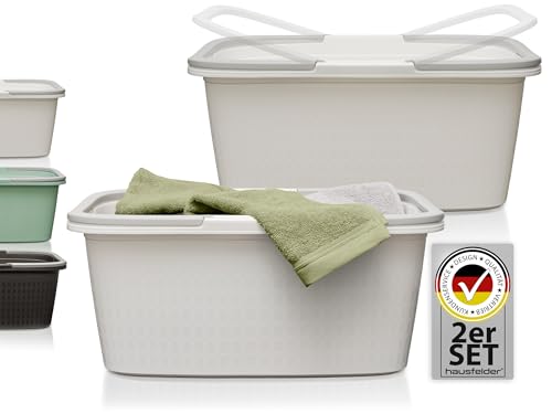 Hausfelder Wäschekorb mit Henkel 58x37x25cm, Wäschewanne 2er Set, Wäschewannen 35 l aus Kunststoff (Weiß, 2 Wannen) von Hausfelder