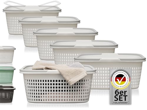 Hausfelder Wäschekorb 6er Set weiß 58x37x25cm, Wäschewanne und Korb, groß und stabil, Wäschekörbe Set 35 l (Weiss, 6 Körbe) von Hausfelder