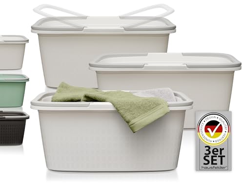 Hausfelder Wäschewanne 58x37x25cm – Wäschewannen 3er Set - Stabil & Wetterfest - Wäschekörbe 35 l mit Henkeln & Griffen (Weiß, 3 Wannen) von Hausfelder