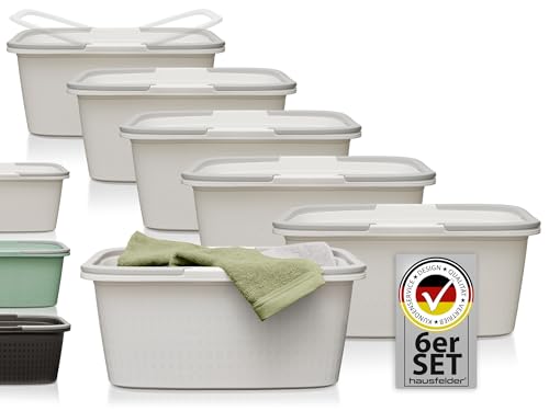 Hausfelder Wanne 6er Set weiß 58x37x25cm, Wäschewamme und Wäschekorb 35 l aus Kunststoff XXL (Weiß, 6 Wannen) von Hausfelder