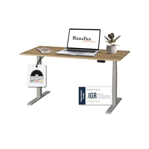 Hausfux Höhenverstellbarer Schreibtisch auf Maß - inkl. 2,5 cm starker, maßgefertigter Tischplatte - 2- oder 3-stufiges Gestell, OLED-Touchpanel (Artisan Eiche & Grau, 3-stufig, 120 x 70 cm) von Hausfux
